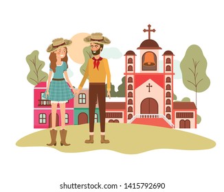 farmers couple talking with background houses