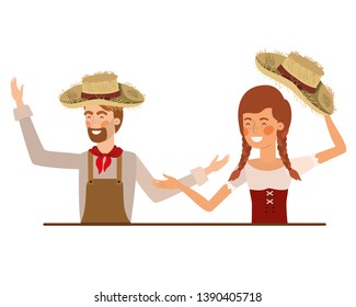 farmers couple talking with straw hat