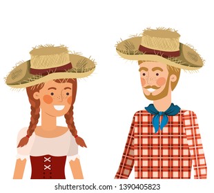 farmers couple talking with straw hat