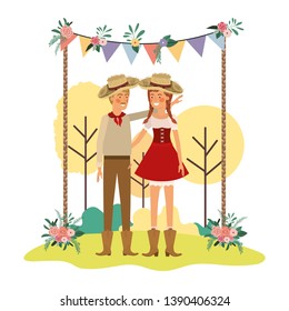 farmers couple talking with straw hat in landscape
