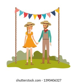 farmers couple talking with straw hat in landscape