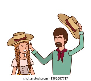 farmers couple talking with straw hat