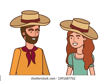 farmers couple talking with straw hat