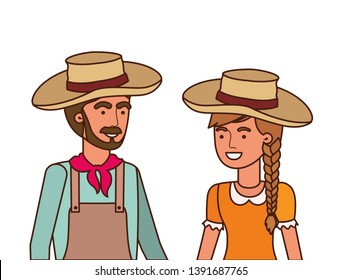 farmers couple talking with straw hat