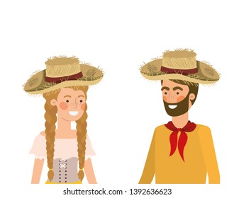 farmers couple talking with straw hat
