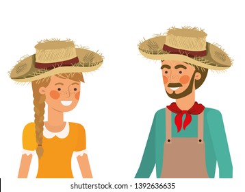farmers couple talking with straw hat