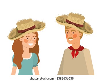 farmers couple talking with straw hat