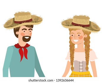 farmers couple talking with straw hat