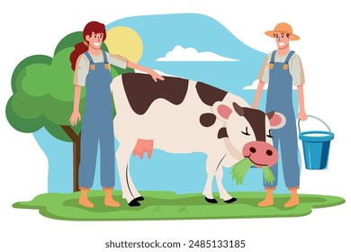 Granjeros con vaca. Personajes de dibujos animados haciendo trabajo agrícola. Hombre y mujer cuidan de animal doméstico. Lindos trabajadores agrícolas sosteniendo cubos con leche nueva. El ganado produce productos lácteos. Ilustración vectorial.