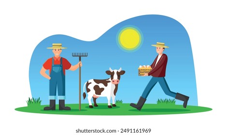 Farmers with a cow on a meadow. Summer sunny day. Box with eggs. Vector flat illustration.