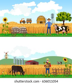 Farmers and cows on farm background. Vector illustrations