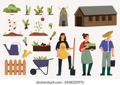 Farmers and crops, garden tools and people. Vector of farmer agriculture, crop farm, work at garden illustration