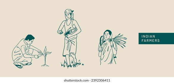 Farmer's Day, Indian people, farmers working on farms, hand-drawn Vector illustrations of men and women posing 