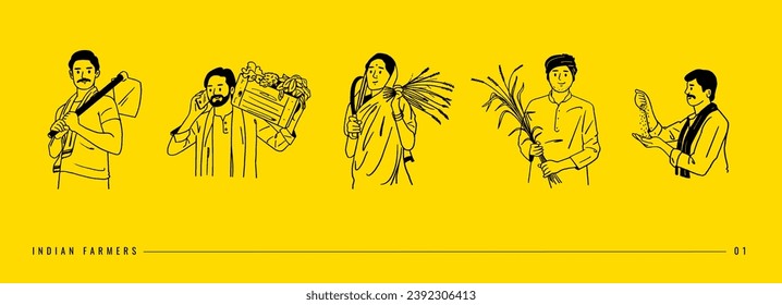 Farmer's Day, Indian people, farmers working on farms, hand-drawn Vector illustrations of men and women posing 