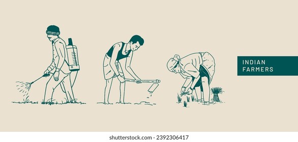 Farmer's Day, Indian people, farmers working on farms, hand-drawn Vector illustrations of men and women posing 