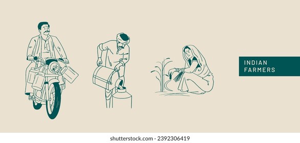 Farmer's Day, Indian people, farmers working on farms, hand-drawn Vector illustrations of men and women posing 