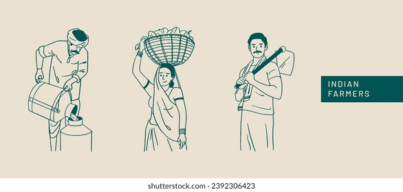 Farmer's Day, Indian people, farmers working on farms, hand-drawn Vector illustrations of men and women posing 