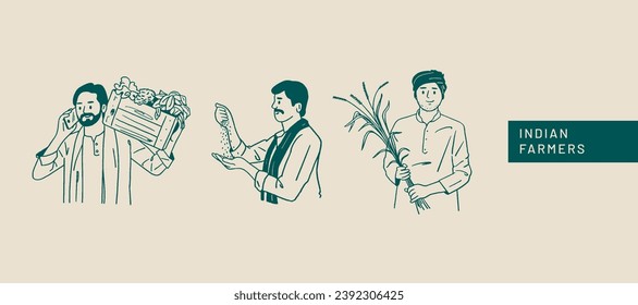 Farmer's Day, Indian people, farmers working on farms, hand-drawn Vector illustrations of men and women posing 