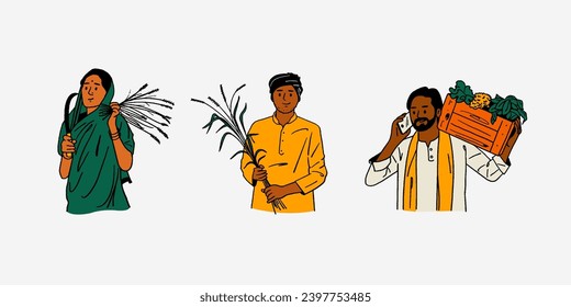 Farmer's Day, Indian people, farmers working on farms, hand-drawn Vector illustrations of men and women posing 