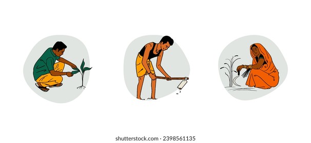 Farmer's Day, Indian people, farmers working on farms, hand-drawn colored Vector illustrations of men and women posing 