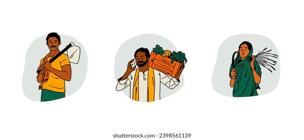 Farmer's Day, Indian people, farmers working on farms, hand-drawn colored Vector illustrations of men and women posing 