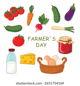 Farmer's Day sticker set, illustrations of vegetables and fruits, jars of jam, bottles of fresh milk, cheese, eggs in a basket