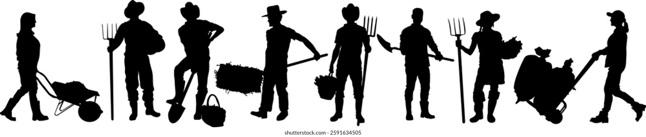  Farmers in different poses with tools. Black silhouettes of men and women engaged in agricultural work. Garden, vegetable garden, farm, people farmers
