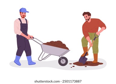 Farmers dig ground. Agriculture workers gardening and carry soil on cart, harvesting and husbandry flat vector illustration. Men work with soil