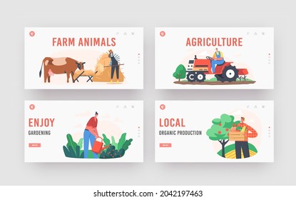 Farmers Doing Farming Job Landing Page Template Set. People Feed Cow and Fowl, Care of Domestic Animals at Livestock. Characters Working with Cattle on Farm, Harvesting. Cartoon Vector Illustration