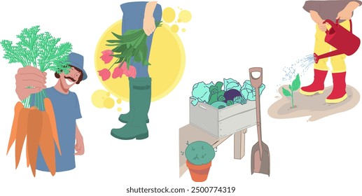 Farmers doing routine work in the garden. Set of elements. Vector illustration. Isolated illustration.