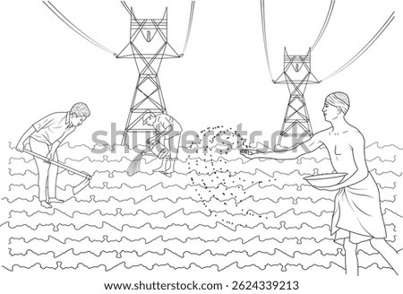 Farmers Doing Various Tasks in a Field with Power Lines, A line drawing illustration depicting three men engaged in different farming activities in a field. One man is hoeing the soil, another is
