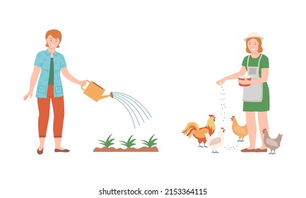 Farmers doing various works on farm. Agricultural workers farmer watering plants and feeding chickens cartoon vector illustration