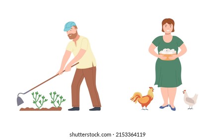 Farmers doing various works on farm. Agricultural workers working on field and feeding poultry birds cartoon vector illustration
