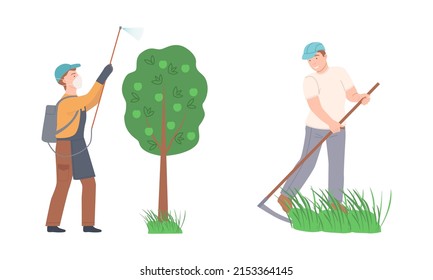 Farmers doing various works on farm. Agricultural workers spraying pesticides and mowing grass cartoon vector illustration