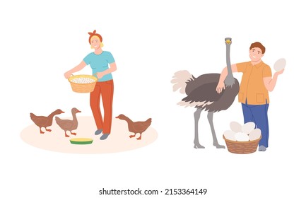 Farmers doing various works on farm. Agricultural workers feeding poultry birds cartoon vector illustration