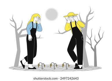 Farmers with drought. Man and woman in uniform look at dried crops. Climate change and heat waves. Farming and agriculture in hot weather. Linear vector illustration isolated on white background