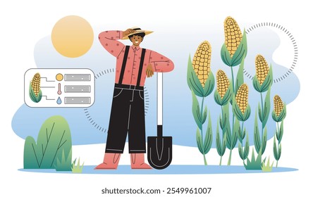 Farmers engineers analysis. Man with shovel near corn field with statistics. Farmer with smart farm. Harvest and crop. Farming and agriculture. Flat vector illustration isolated on white background