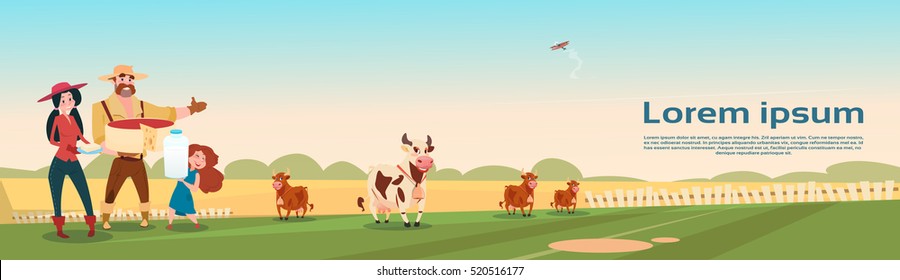 Farmers Family Cows Fresh Milk Dairy Products Eco Farming Banner Flat Vector Illustration