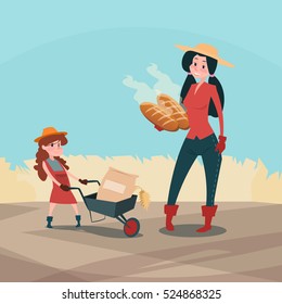 Farmers Family Hold Wheat Fresh Bread Production Farmland Countryside Flat Vector Illustration