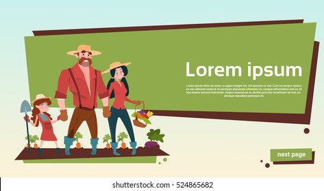 Farmers Family Parent With Daughter Growing Harvest Banner Copy Space Flat Vector Illustration