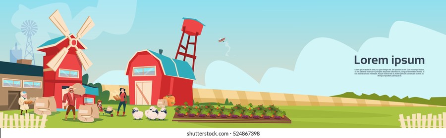 Farmers Family Wheat Mill Building Farmland Countryside Landscape Flat Vector Illustration