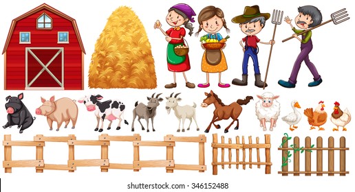 Farmers and farm animals illustration