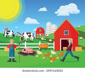 Farmers with farm animals. Summer day on the farm. Vector illustration in flat cartoon style.