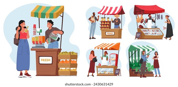 Farmers With Farming Production. Male And Female Vendor Characters Offer Fresh Juice And Honey, Meat, Dairy And Plants Selling Natural Products at Market Stalls. Cartoon People Vector Illustration