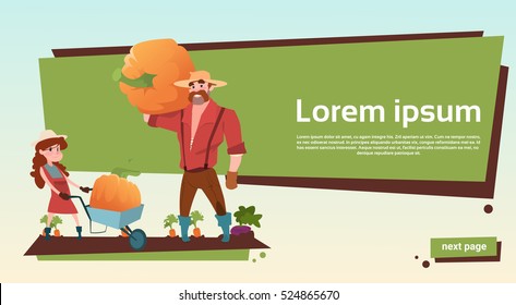 Farmers Father And Daughter Gather Pumpkin Harvest Copy Space Flat Vector Illustration