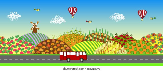 Farmers field seamless landscape with road and bus. Agricultural land. Cartoon farming background. Also may be used for animation