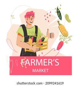 Farmers food banner or flyer template with farmer holding harvest of organic fruits and vegetables, flat cartoon vector illustration. Local farm food and vegetables.