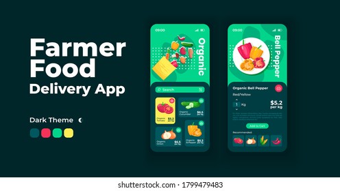 Farmers food delivery smartphone interface vector templates set. Adding to cart and buying produce. Mobile app page black theme design layouts. Flat UI for application screens. Phone display