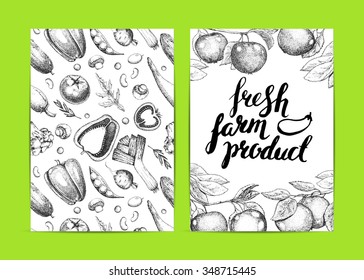 Farmers Food Design Template Card. Vintage Hand Drawn Vector Illustration.Vegetables. Black And White Pattern. Lettering. Calligraphy. Ink. Brush Stroke With Rough Edges.