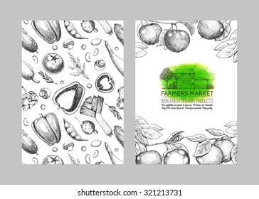 Farmers food design template. Vintage logo and vegetables. Tree, veggies, house.  Black and white. Hand drawn illustration.  Watercolor green stain. Isolated elements for easy use.